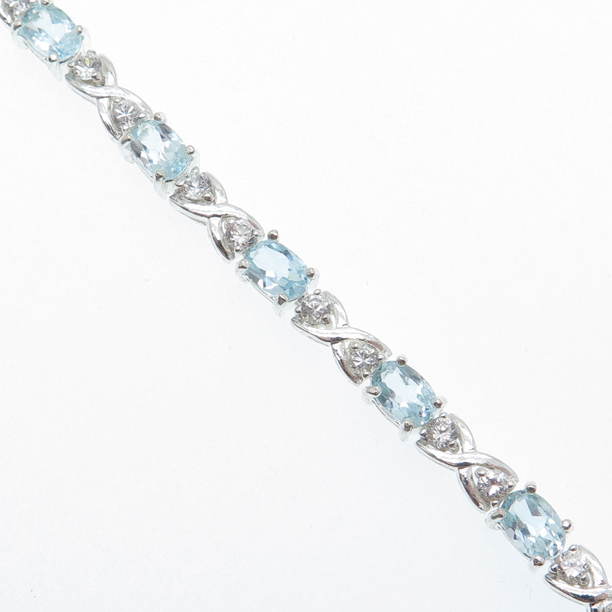 925 Sterling Silver Real Blue Topaz Gemstone & C Z XO Tennis Link Bracelet 6.75"