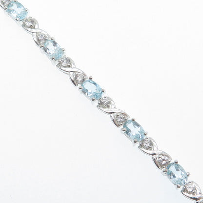 925 Sterling Silver Real Blue Topaz Gemstone & C Z XO Tennis Link Bracelet 6.75"