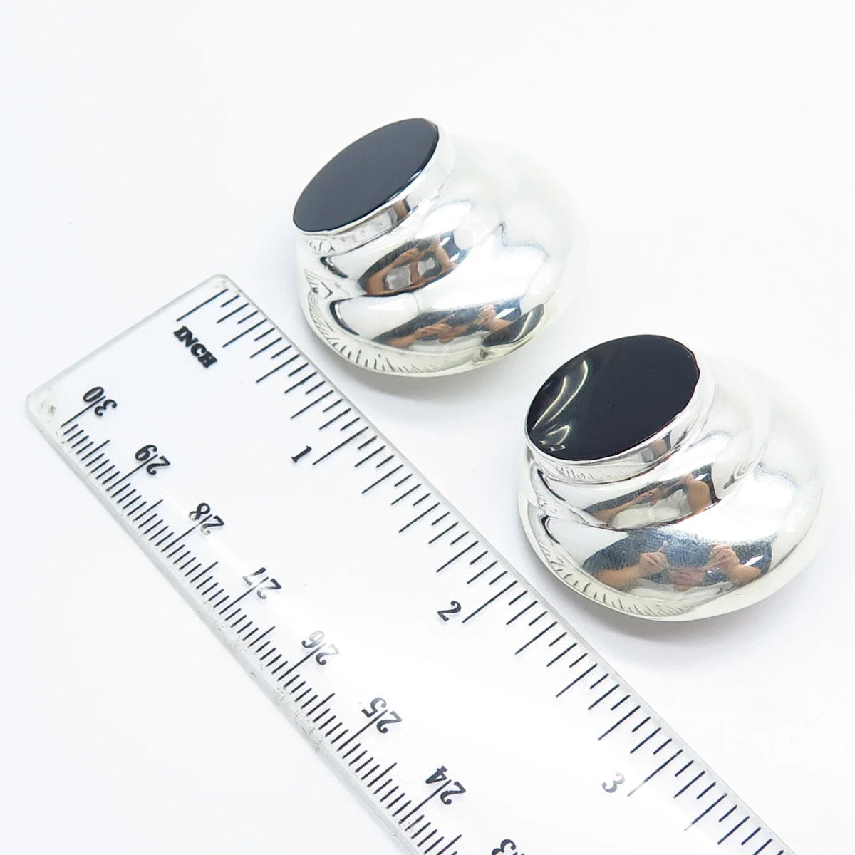 925 Sterling Silver Vintage Mexico Real Black Onyx Gem Large Clip on Earrings