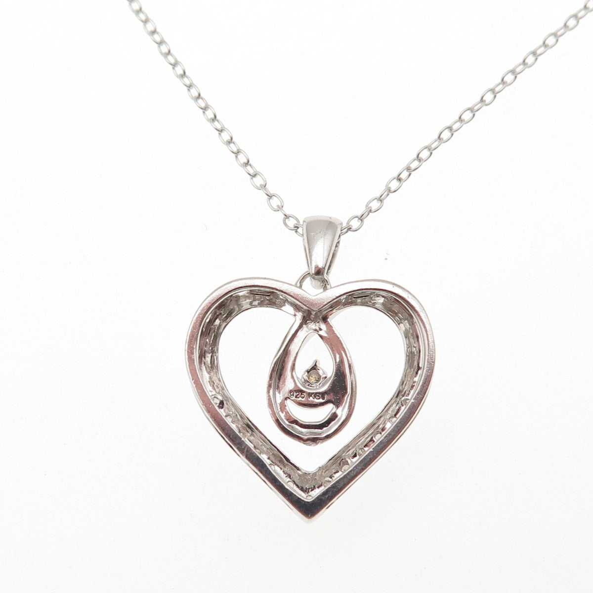 925 Sterling Silver Real Round-Cut Diamond Heart Cable Chain Necklace 18"