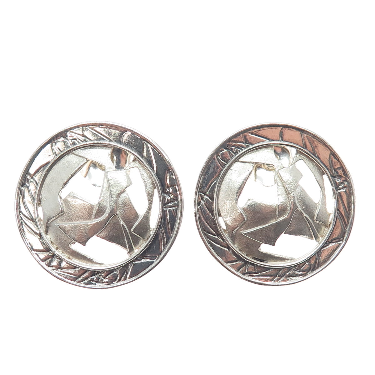 925 Sterling Silver Vintage Modernist Round Earrings