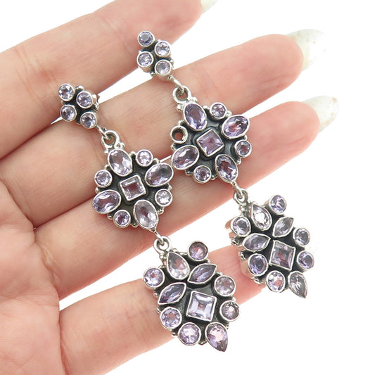 925 Sterling Silver Vintage Real Multi-Cut Amethyst Floral Dangling Earrings