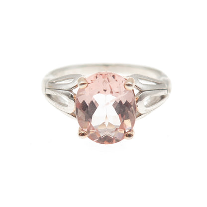 925 Sterling Silver Real Oval-Cut Morganite Floral Ring Size 6