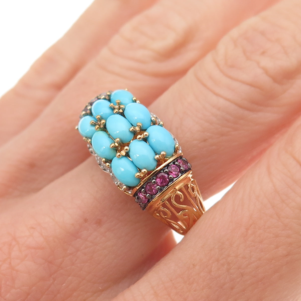 925 Sterling Silver Gold Plated Real Turquoise & Pink Sapphire Ring Size 8.25