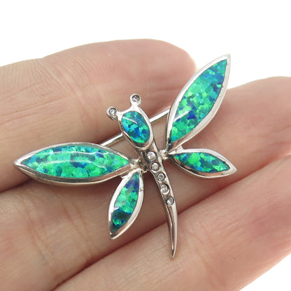 925 Sterling Silver Real Opal Gem Inlay & C Z Dragonfly Pin Brooch