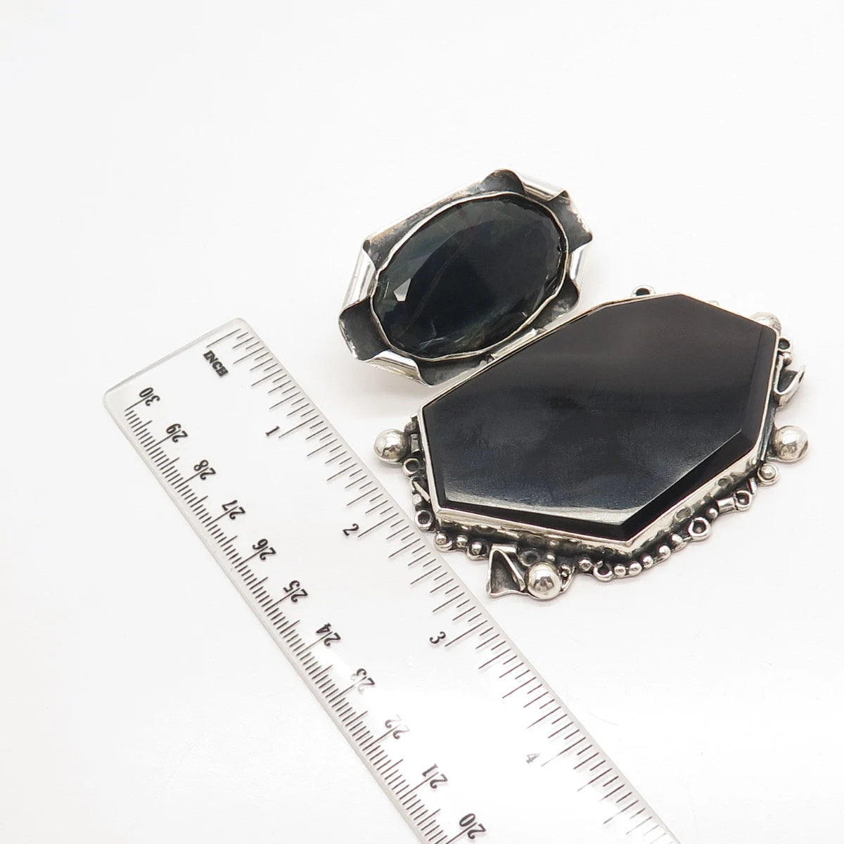 925 Sterling Silver Vintage Real Black Agate Gemstone Modernist Pendant