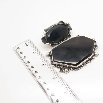 925 Sterling Silver Vintage Real Black Agate Gemstone Modernist Pendant
