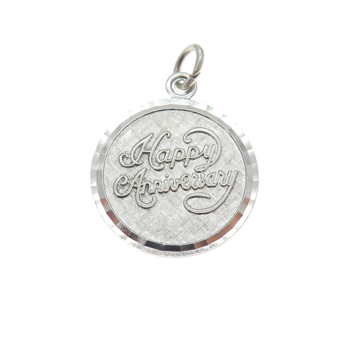 LAMODE 925 Sterling Silver Vintage Happy Anniversary Round Tag Charm Pendant