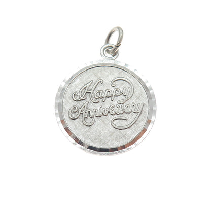 LAMODE 925 Sterling Silver Vintage Happy Anniversary Round Tag Charm Pendant