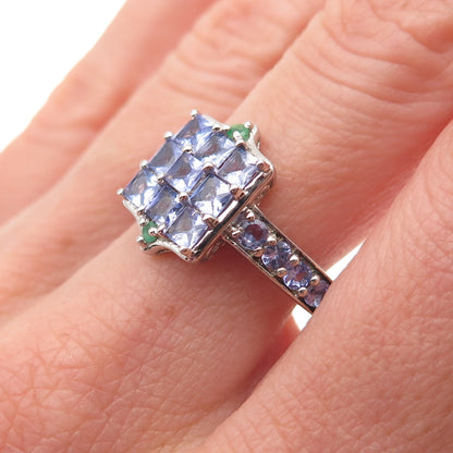 Chuck Clemency 925 Sterling Silver Real Tanzanite & Emerald Ring Size 9.25