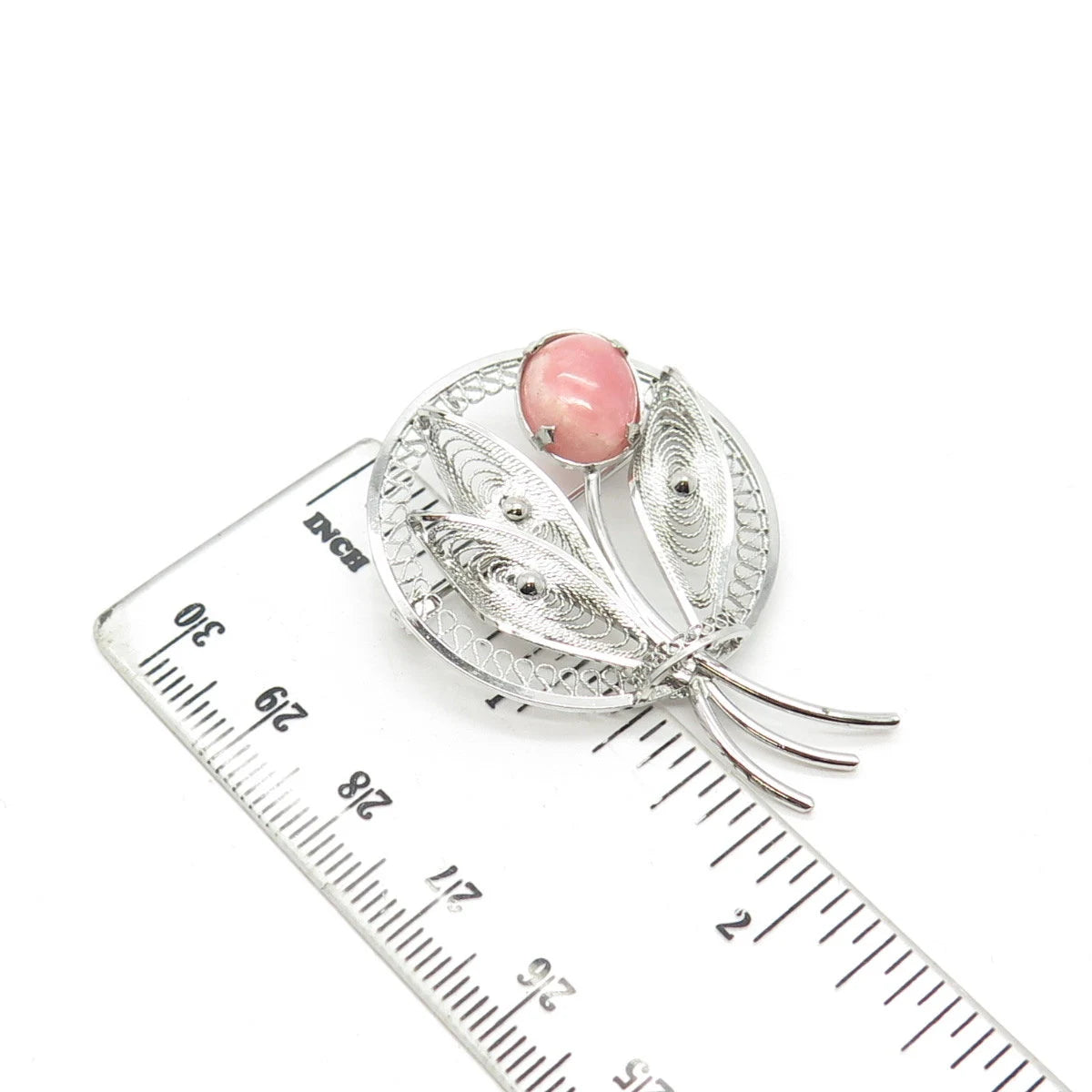 925 Sterling Silver Vintage Real Rhodochrosite Gem Leaf Filigree Pin Brooch
