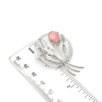 925 Sterling Silver Vintage Real Rhodochrosite Gem Leaf Filigree Pin Brooch