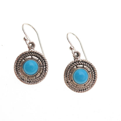 925 Sterling Silver Vintage Real Turquoise Oxidized Dangle Earrings