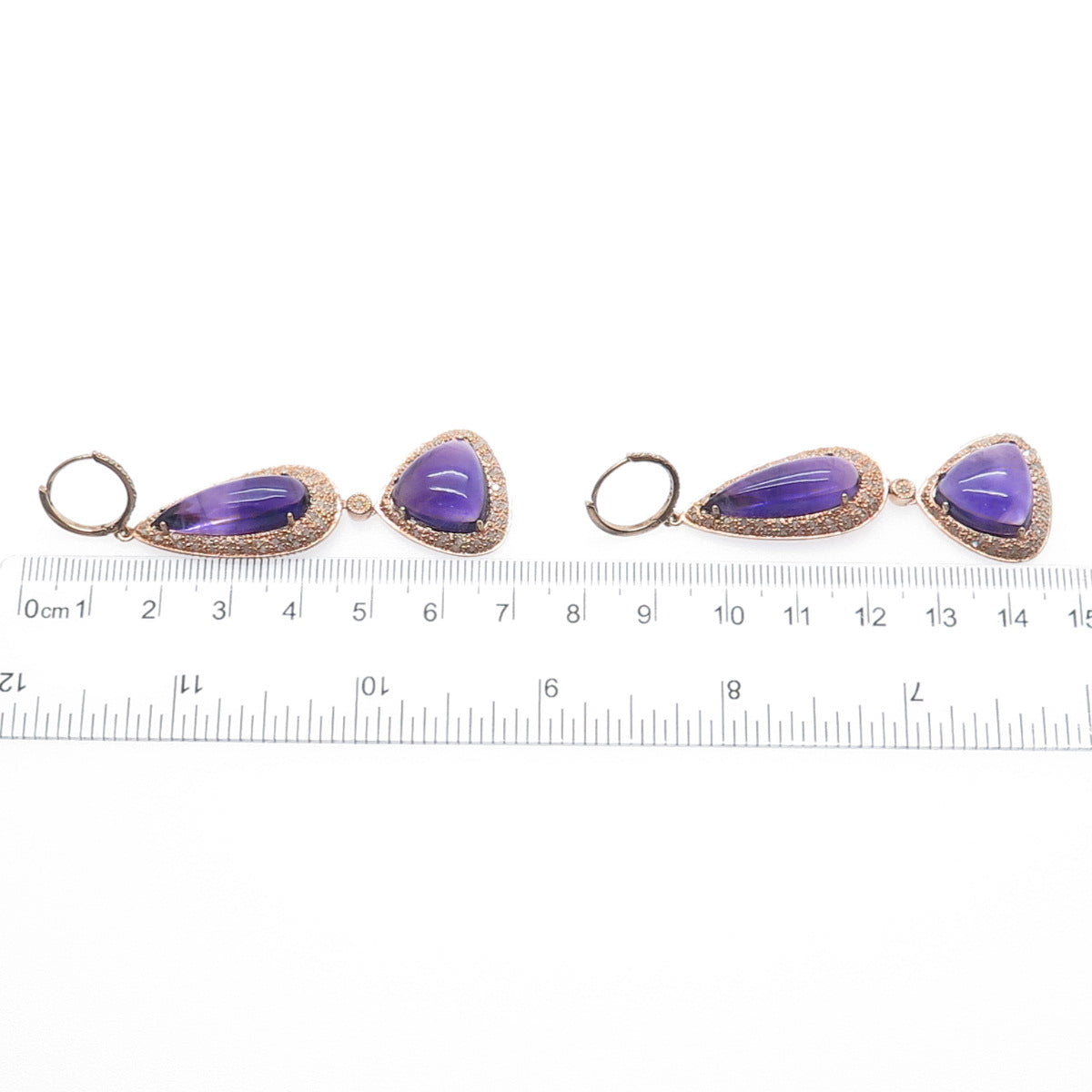 925 Sterling Silver Rose Gold Plated Real Diamond & Amethyst Dangle Earrings