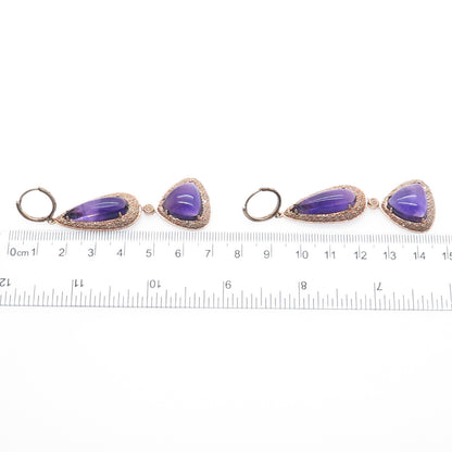 925 Sterling Silver Rose Gold Plated Real Diamond & Amethyst Dangle Earrings