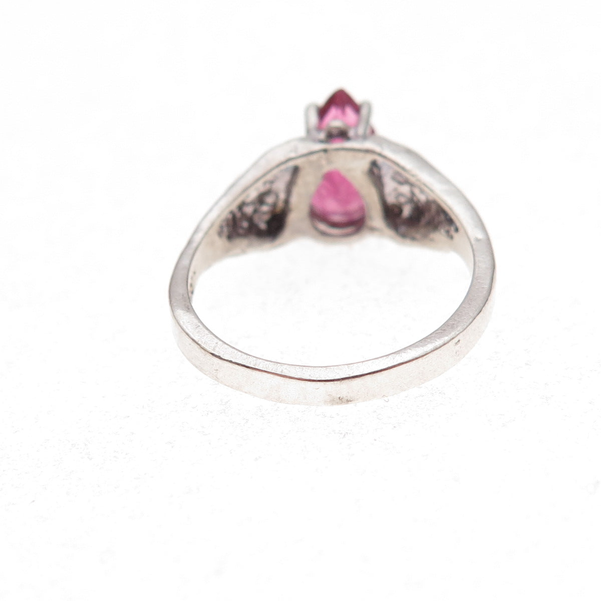 925 Sterling Silver Vintage Real Pink Tourmaline Teardrop Oxidized Ring Size 4.5