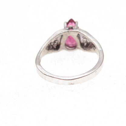 925 Sterling Silver Vintage Real Pink Tourmaline Teardrop Oxidized Ring Size 4.5