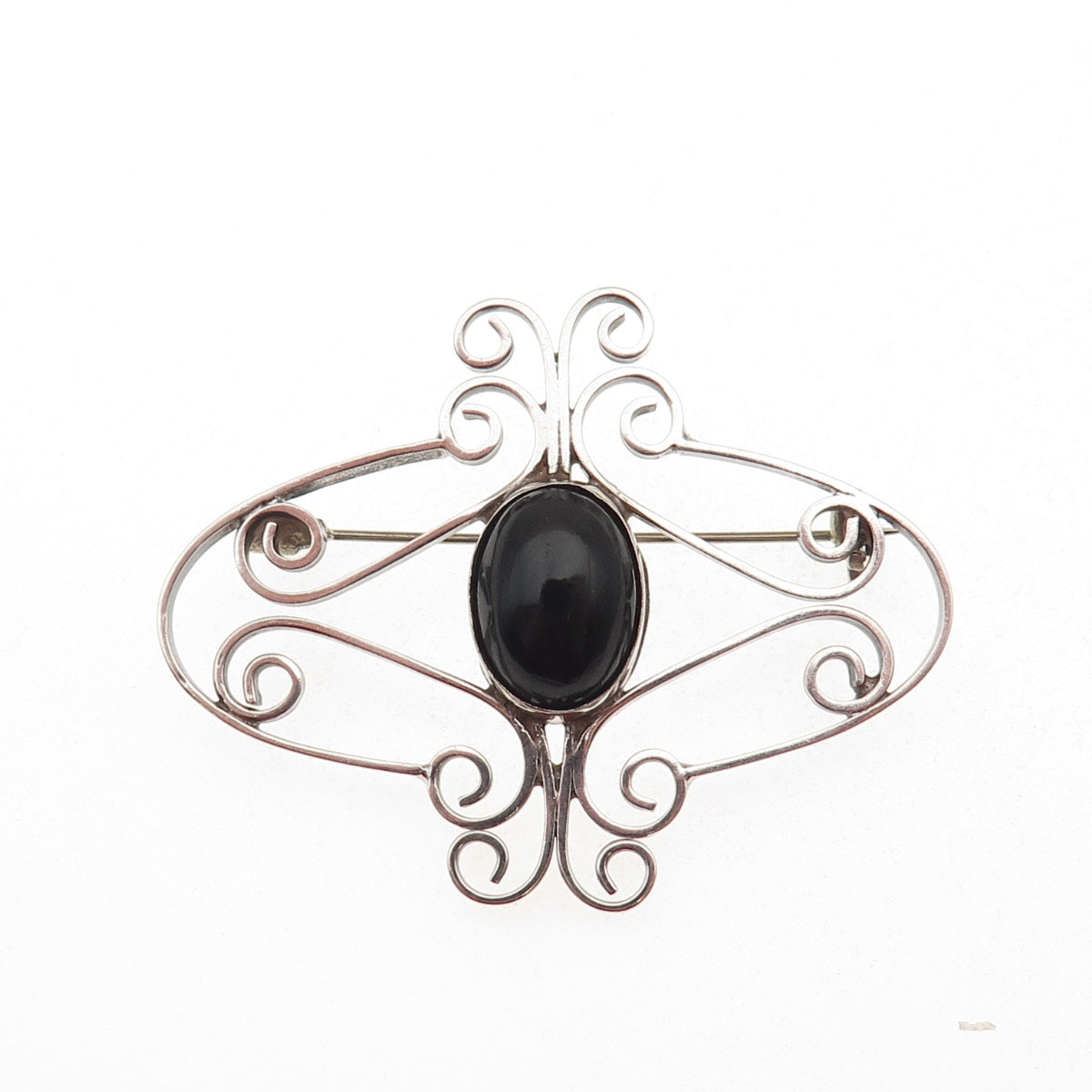 925 Sterling Silver Vintage Mexico Real Black Onyx Swirl Oxidized Pin Brooch