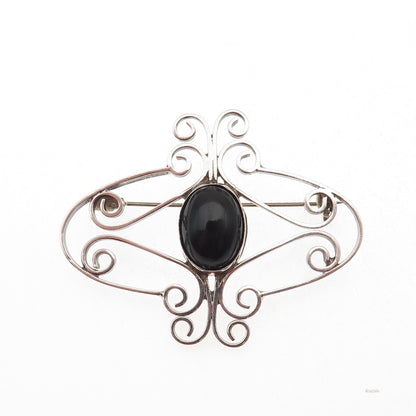 925 Sterling Silver Vintage Mexico Real Black Onyx Swirl Oxidized Pin Brooch