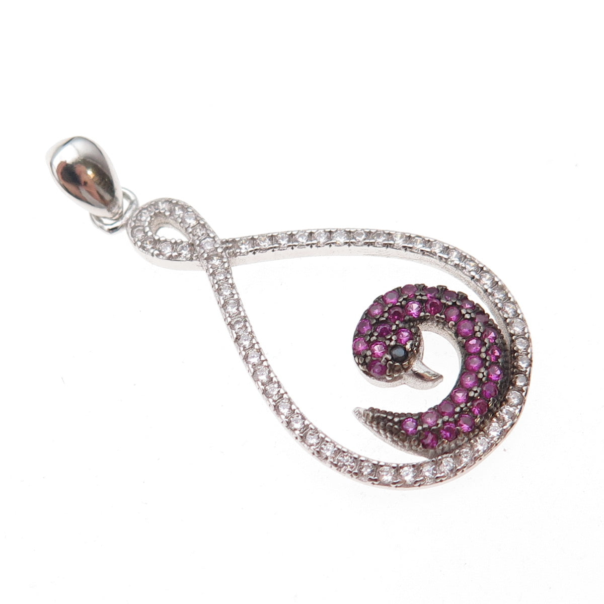 925 Sterling Silver Lab-Created Ruby Black & White C Z Swan Charm Pendant