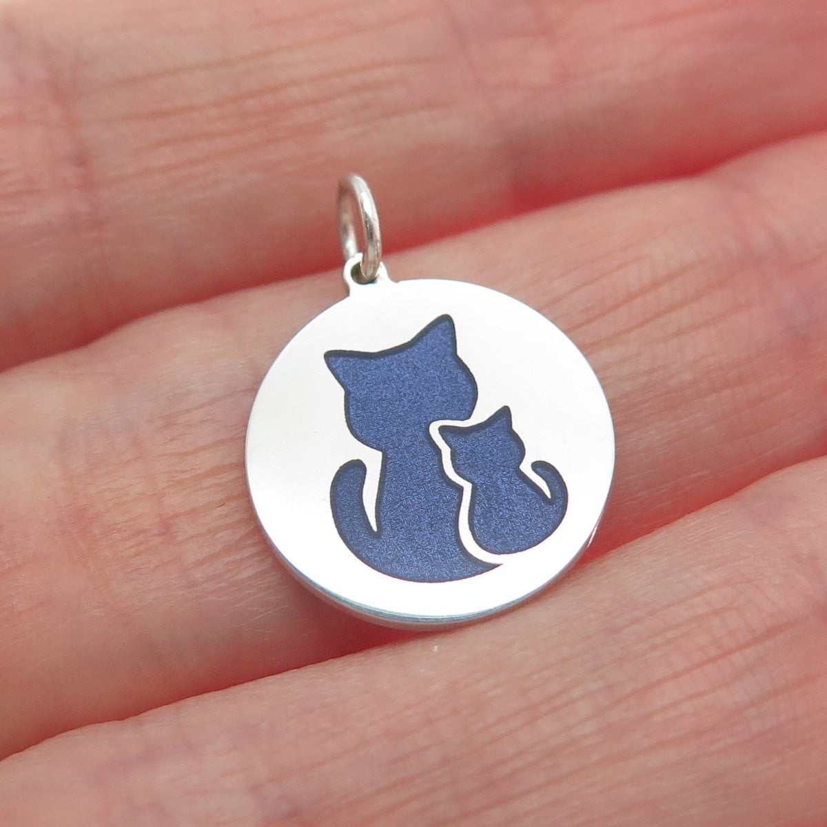 925 Sterling Silver Blue Enamel Mom & Child Cat Minimalist Charm Pendant