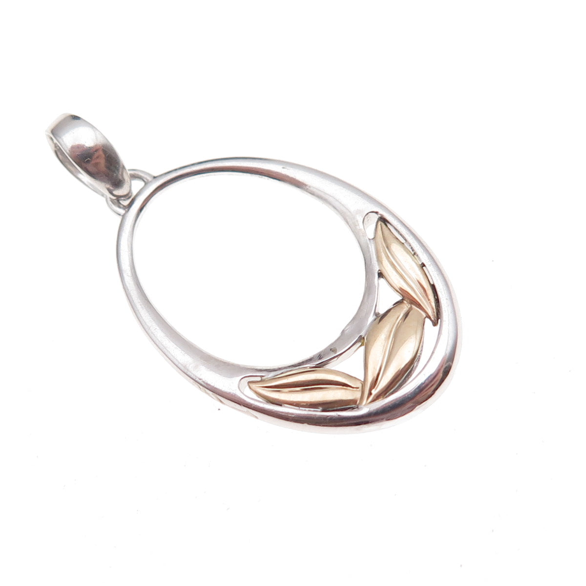 925 Sterling Silver 14K Gold Vintage Modernist Floral Leaf Charm Pendant