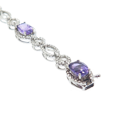 925 Sterling Silver Real Diamond Accent & Amethyst Gem Rolo Link Bracelet 7.25"