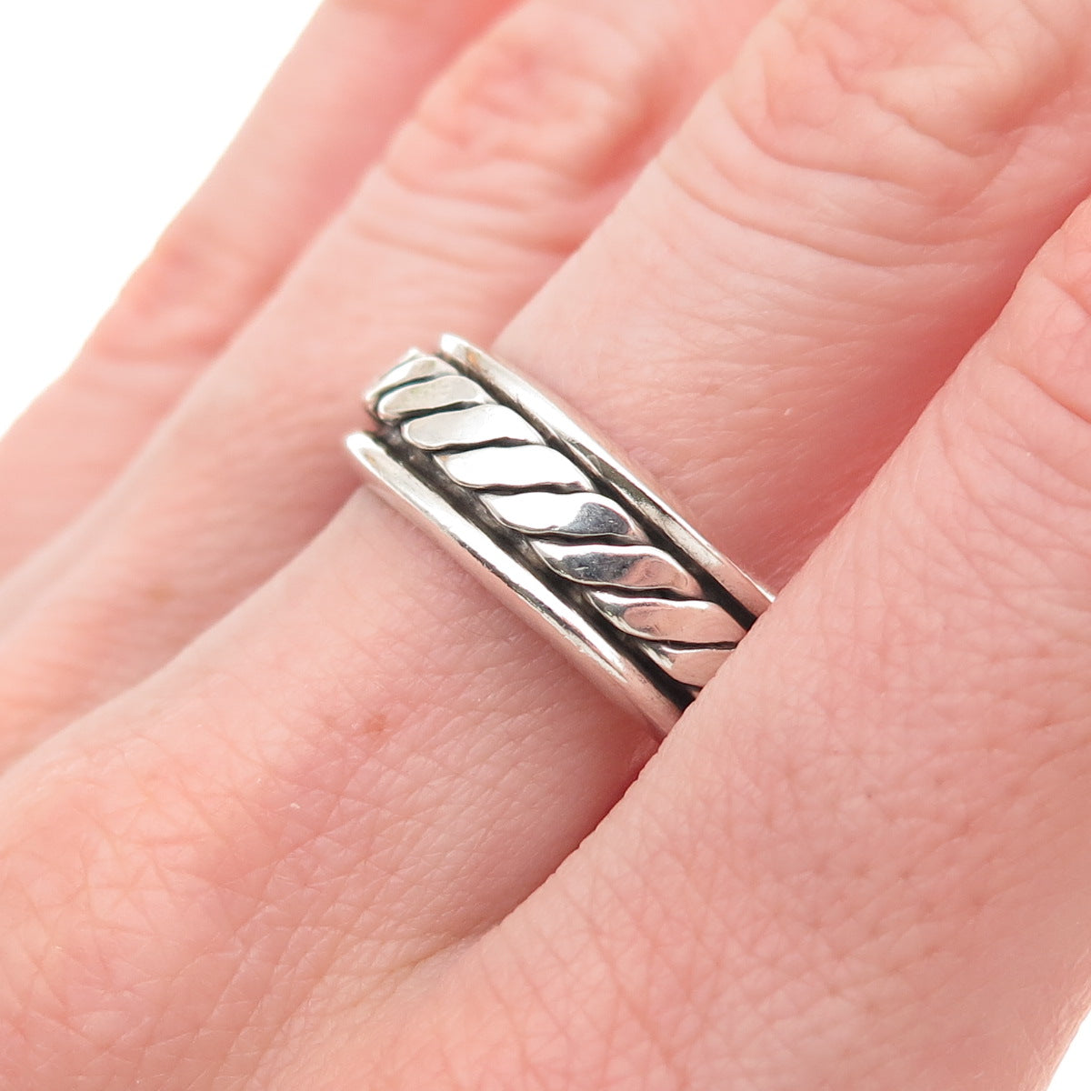 925 Sterling Silver Vintage Oxidized Braided Rotating Band Ring Size 10