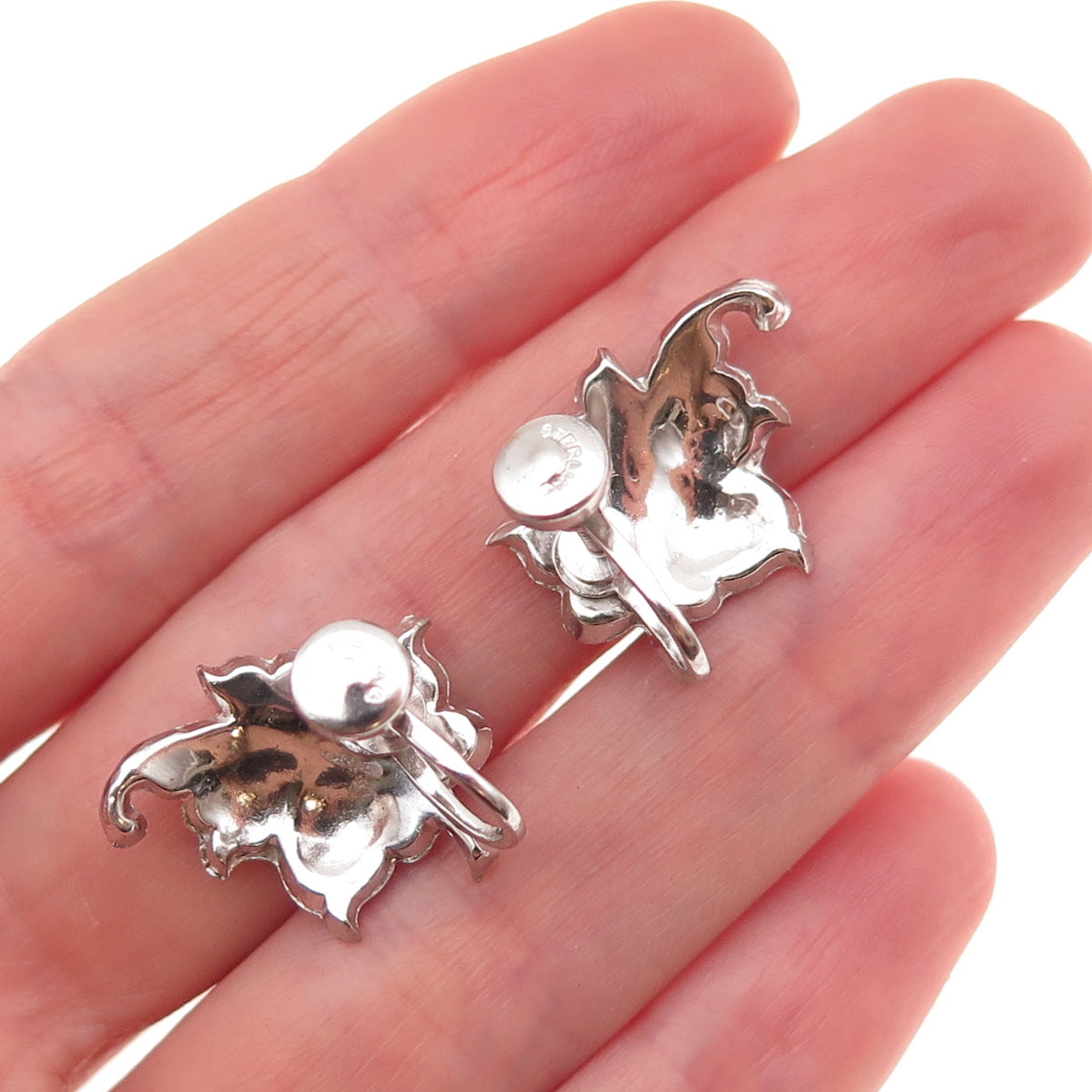 925 Sterling Silver Antique Art Deco Real Marcasite Floral Screw Back Earrings