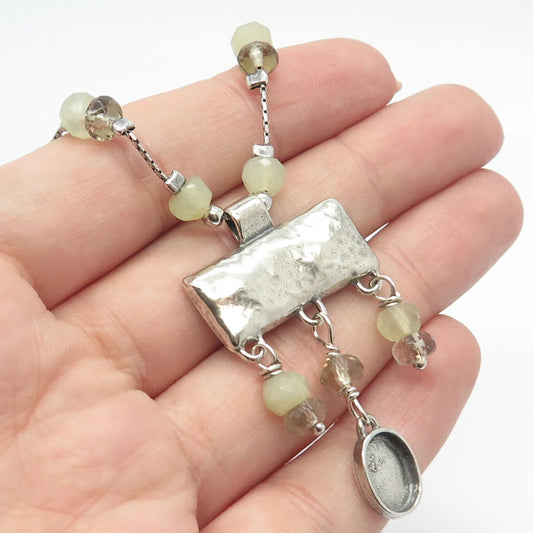 925 Sterling Silver Vintage Smoky Quartz & Chalcedony Gem Chain Necklace 16"