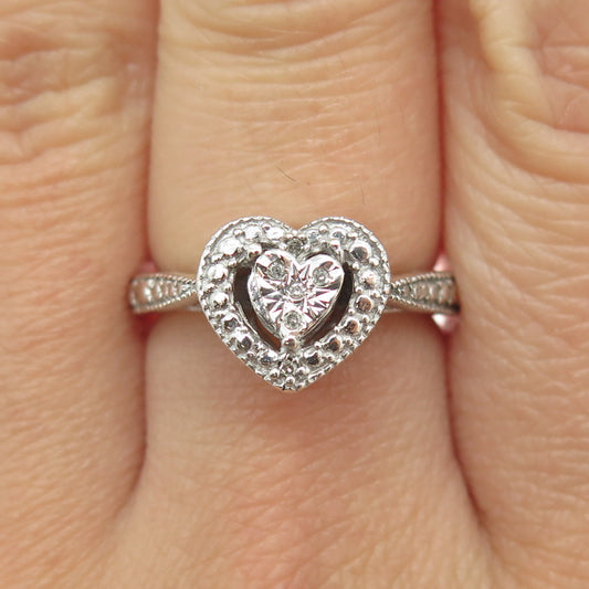 925 Sterling Silver Real Round-Cut Diamond Heart Ring Size 7