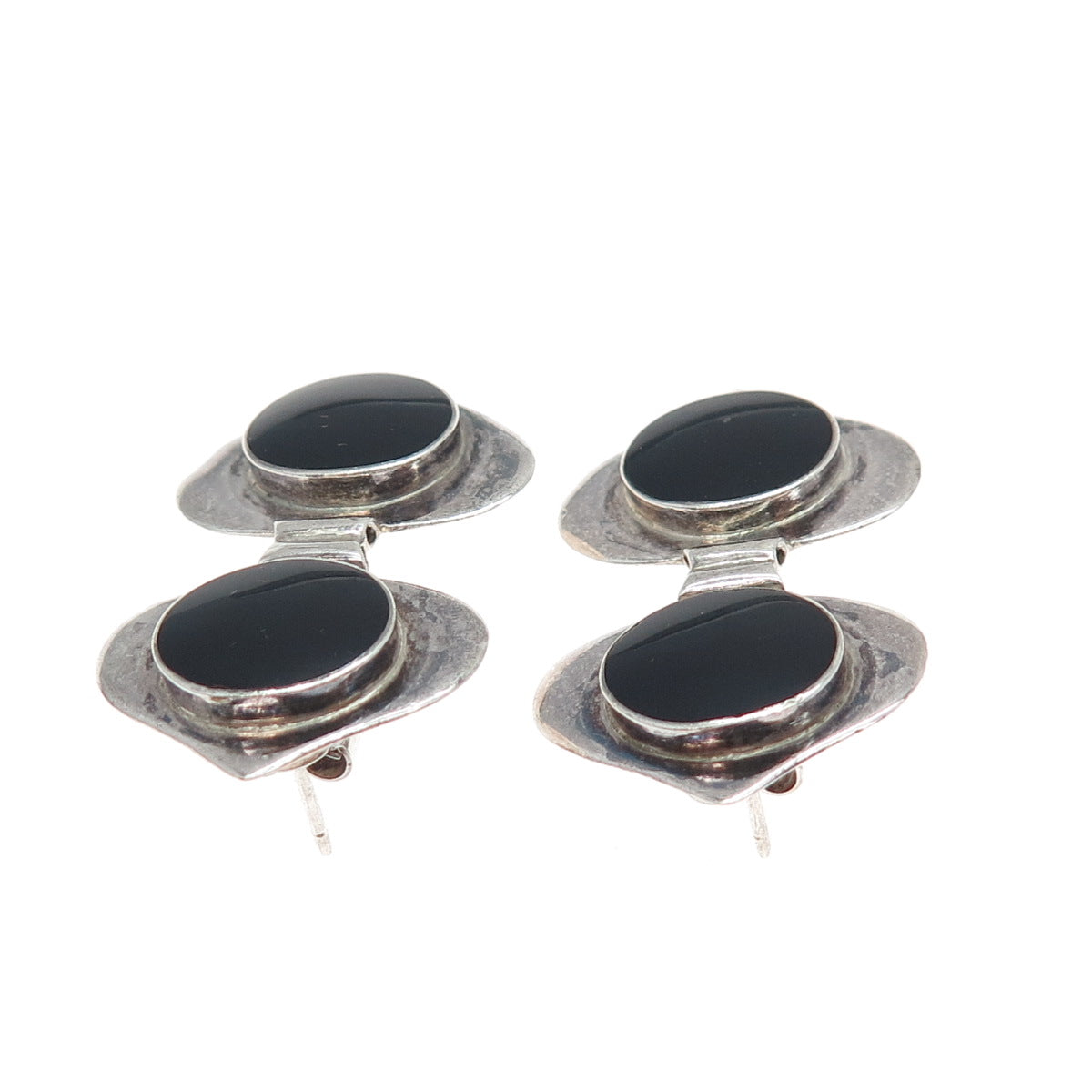 925 Sterling Silver Vintage Real Black Onyx Modernist Heart Oxidized Earrings