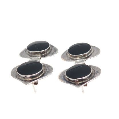 925 Sterling Silver Vintage Real Black Onyx Modernist Heart Oxidized Earrings