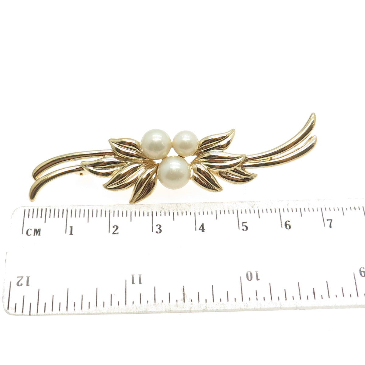 MAJORICA 925 Sterling Silver Gold Plated Vintage Faux Pearl Leaf Pin Brooch