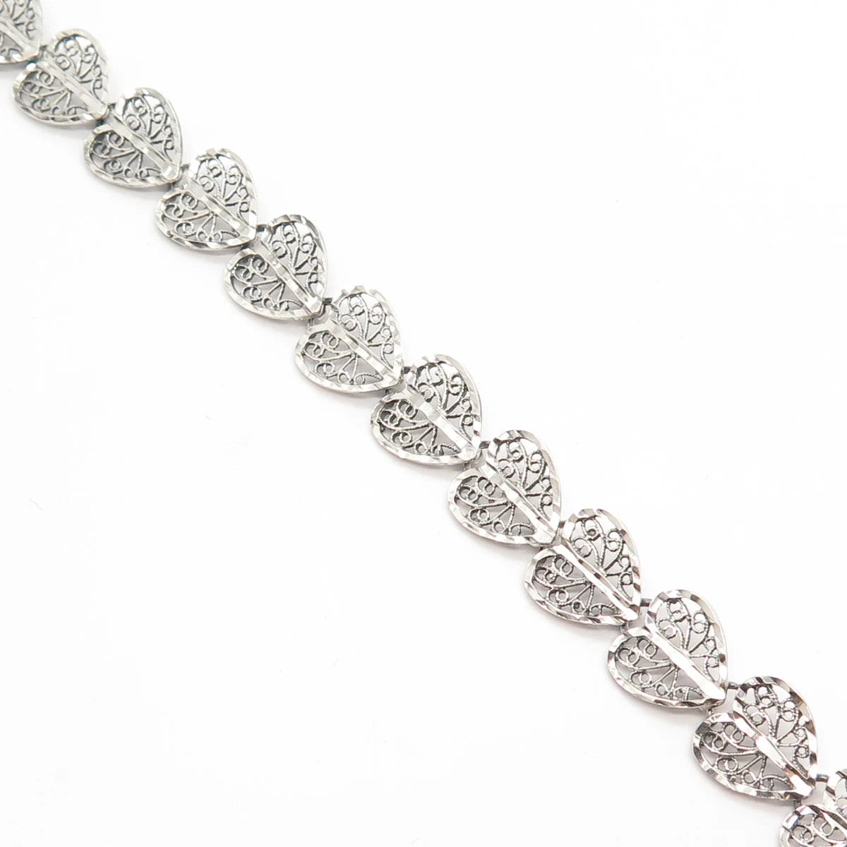 925 Sterling Silver Vintage Ornate Heart Link Bracelet 7.5"