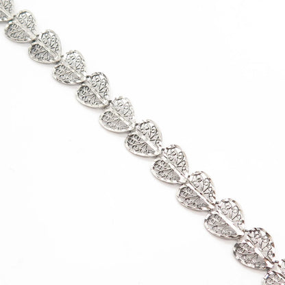 925 Sterling Silver Vintage Ornate Heart Link Bracelet 7.5"