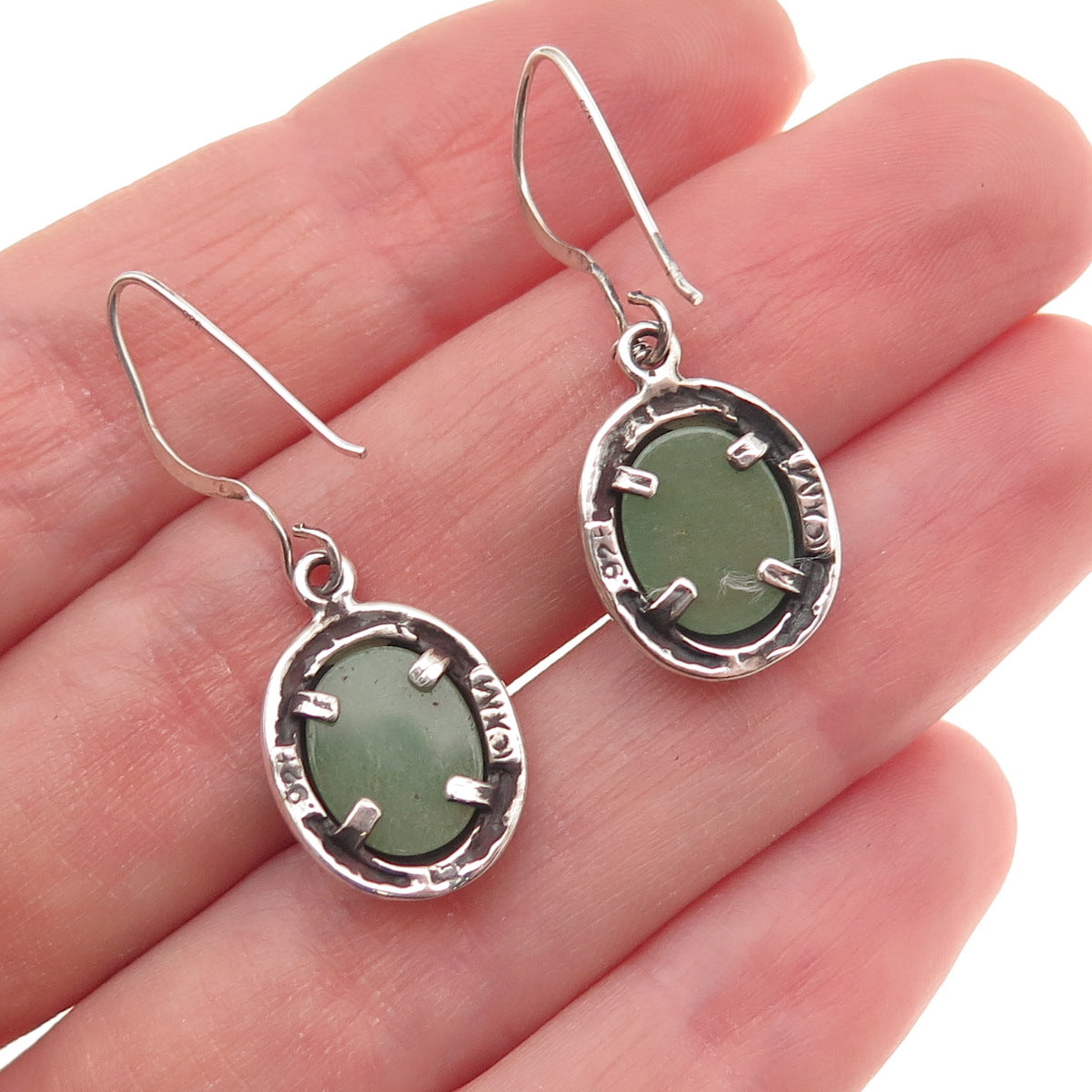 Morning Sun 925 Sterling Silver Vintage Real Jade Oxidized Dangle Earrings
