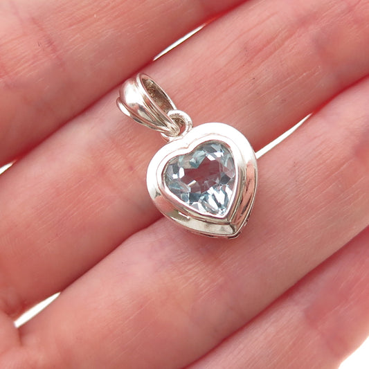 925 Sterling Silver Vintage Real Blue Topaz Heart Charm Pendant