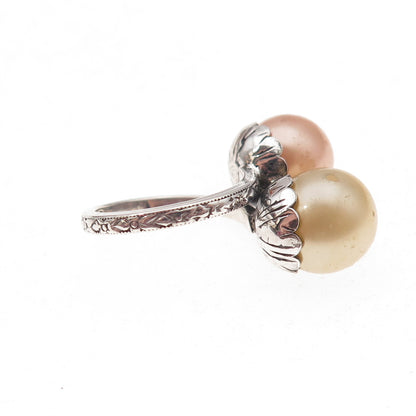 925 Sterling Silver Antique Art Deco Faux Pearl Bypass Adjustable Ring Size 3.75