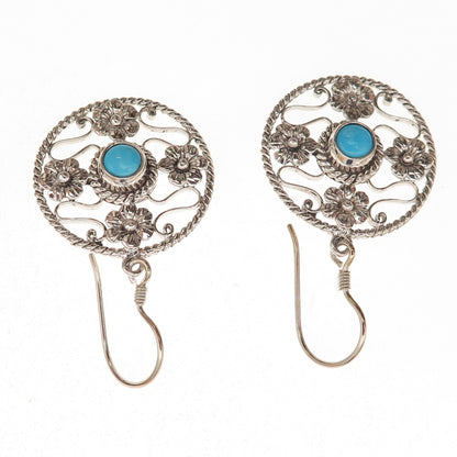 925 Sterling Silver Vintage Real Turquoise Floral Oxidized Dangle Earrings