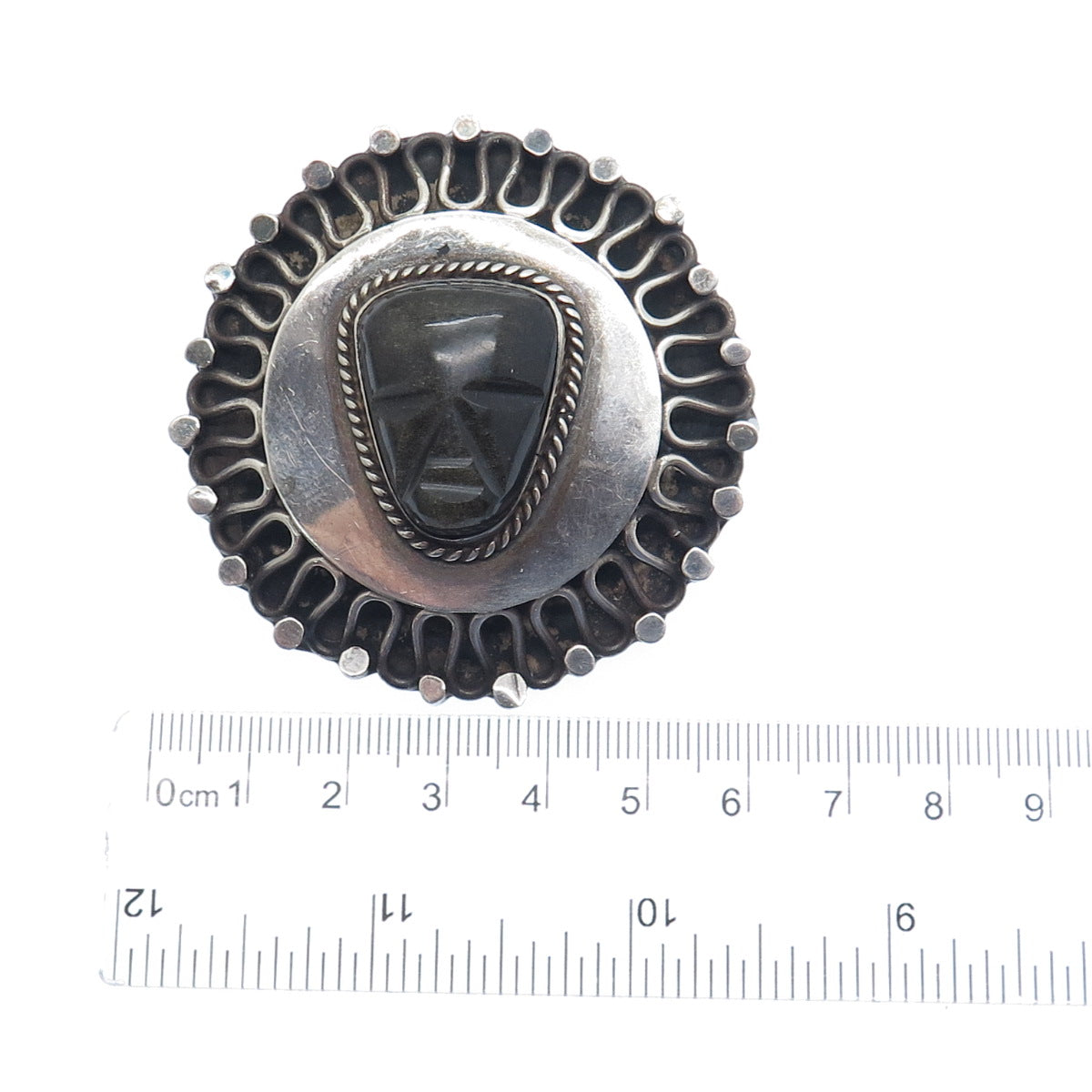 925 Sterling Silver Vintage Mexico Carved Jade Aztec God Face Pin Brooch Pendant