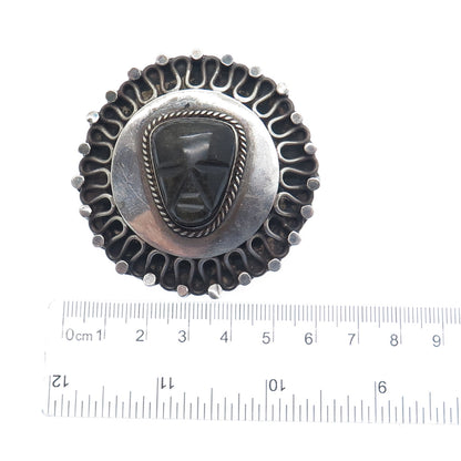 925 Sterling Silver Vintage Mexico Carved Jade Aztec God Face Pin Brooch Pendant