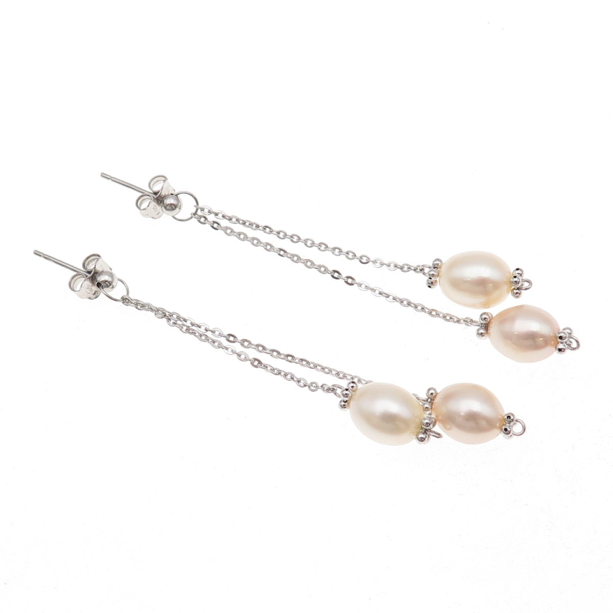 925 Sterling Silver Vintage Real Pearl Chain Drop Dangle Earrings