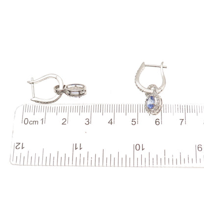 925 Sterling Silver Real Tanzanite & White Topaz Dangle Charm Hoop Earrings