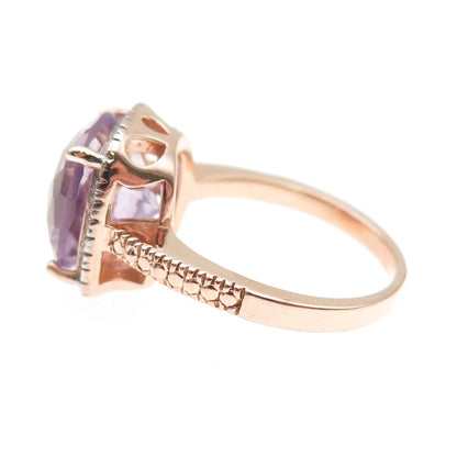 925 Sterling Silver Rose Gold Plated Real Diamond & Amethyst Ring Size 8