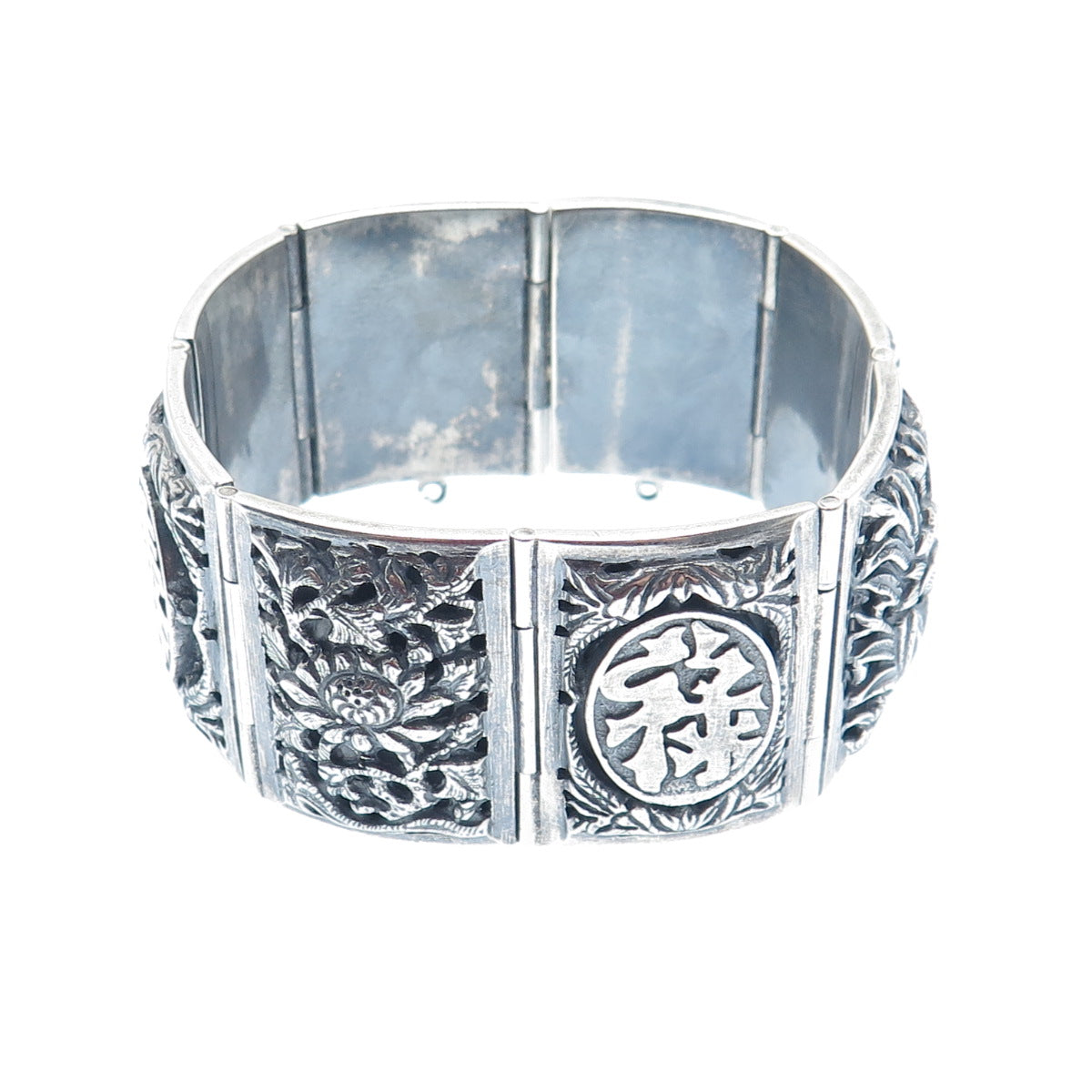 925 Sterling Silver Vintage Chinese Character & Floral Oxidized Bracelet 6.75"