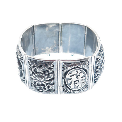 925 Sterling Silver Vintage Chinese Character & Floral Oxidized Bracelet 6.75"