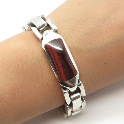 925 Sterling Silver Vintage Real Red Tiger Eye & Black Spinel Gem Bracelet 7.75"