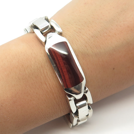 925 Sterling Silver Vintage Real Red Tiger Eye & Black Spinel Gem Bracelet 7.75"