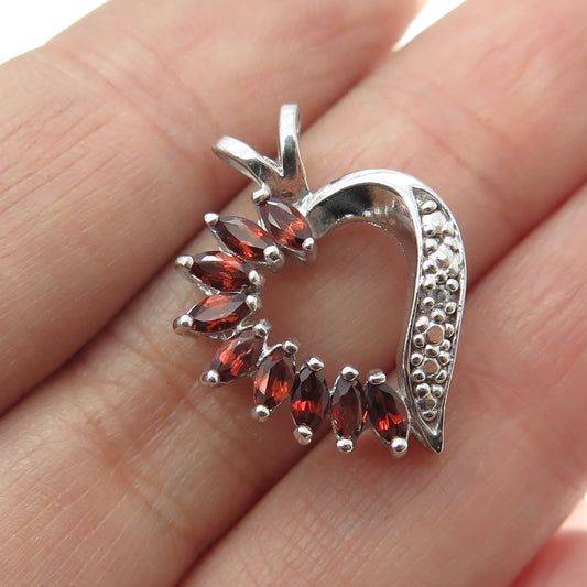 925 Sterling Silver Real Diamond Accent & Red Garnet Gemstone Open Heart Pendant